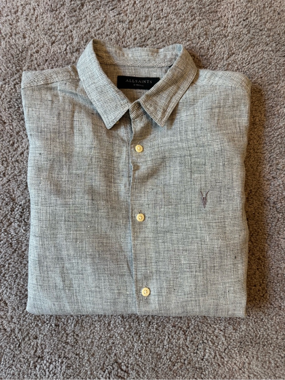 All Saints Mens Light Sage Green Linen-Blend Button Down Shirt - Size XL